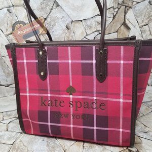 Ella Plaid Tote Bright Rose Black Bag Handbag Zip Top Purse Kate Spade